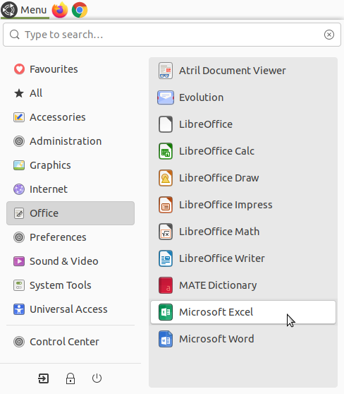 Microsoft Excel in the menu