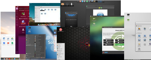 Screenshot collage of several different Linux distributions